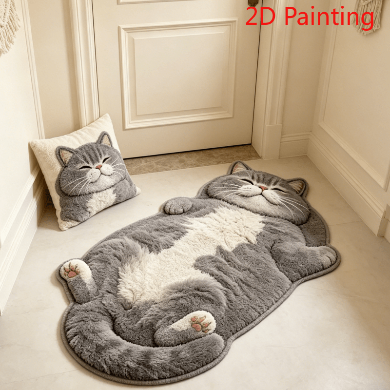 Imitation Cashmere 900G And 9Mm [2D Flat] Simulation Cute Pet Style Reclining Gray-White British Shorthair Cat Bedroom Bedside Plush Irregular Carpet Healing Lazy Style Gray-White Color Cat Reclining Living Room Sofa Area Thickened Carpet Soft Cute