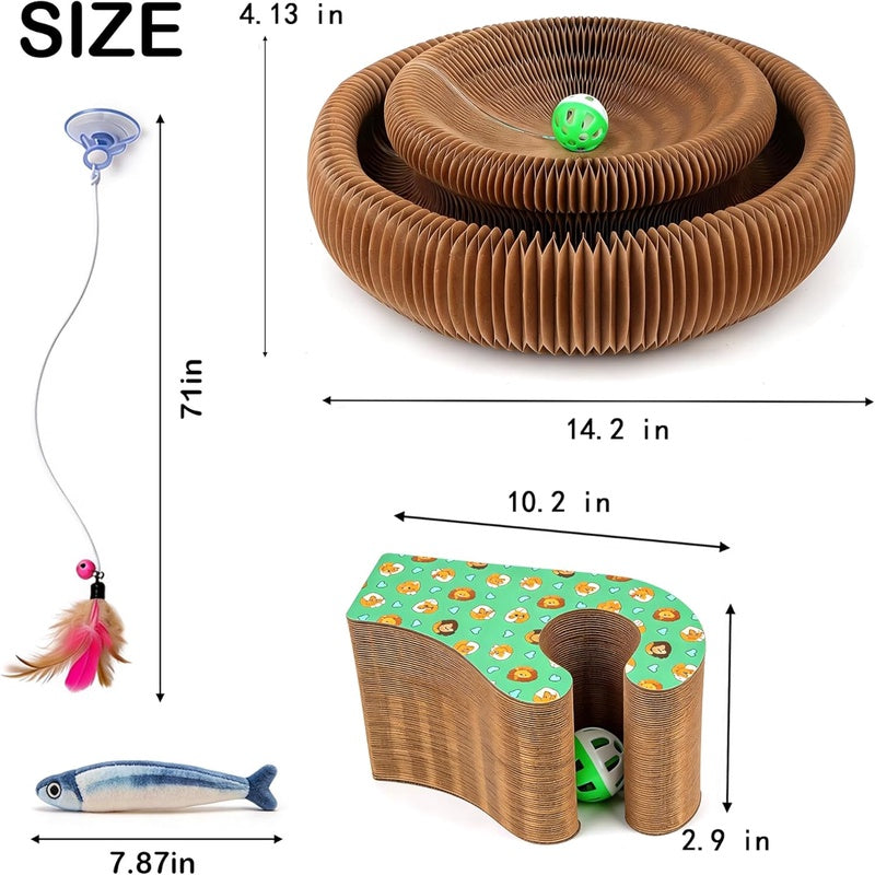 Collapsible Round Cat Scratcher Lounge Bed, Accordion Cardboard Scratching Board for Indoor Large Cats, Kitten Bed Play Toy, 14.2 inch