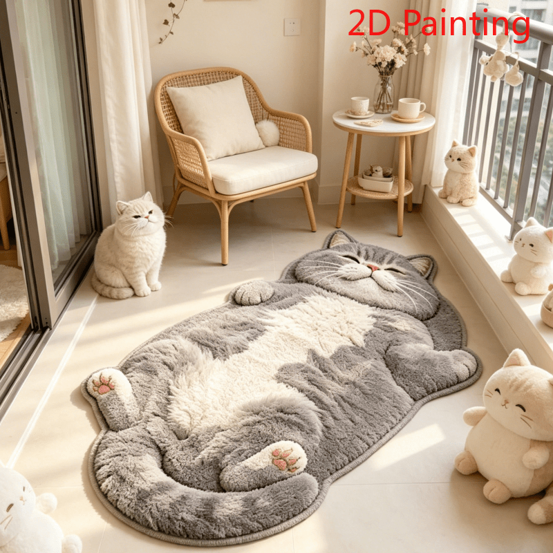 Imitation Cashmere 900G And 9Mm [2D Flat] Simulation Cute Pet Style Reclining Gray-White British Shorthair Cat Bedroom Bedside Plush Irregular Carpet Healing Lazy Style Gray-White Color Cat Reclining Living Room Sofa Area Thickened Carpet Soft Cute