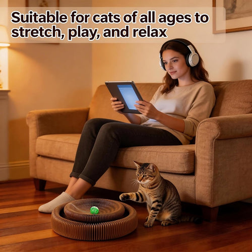 Collapsible Round Cat Scratcher Lounge Bed, Accordion Cardboard Scratching Board for Indoor Large Cats, Kitten Bed Play Toy, 14.2 inch