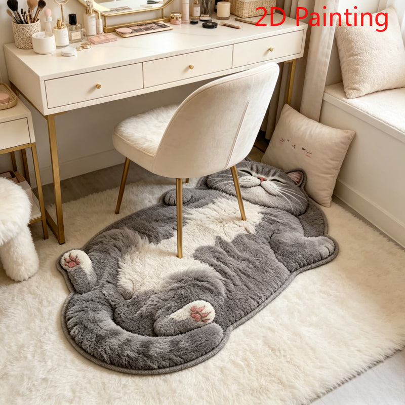 Imitation Cashmere 900G And 9Mm [2D Flat] Simulation Cute Pet Style Reclining Gray-White British Shorthair Cat Bedroom Bedside Plush Irregular Carpet Healing Lazy Style Gray-White Color Cat Reclining Living Room Sofa Area Thickened Carpet Soft Cute