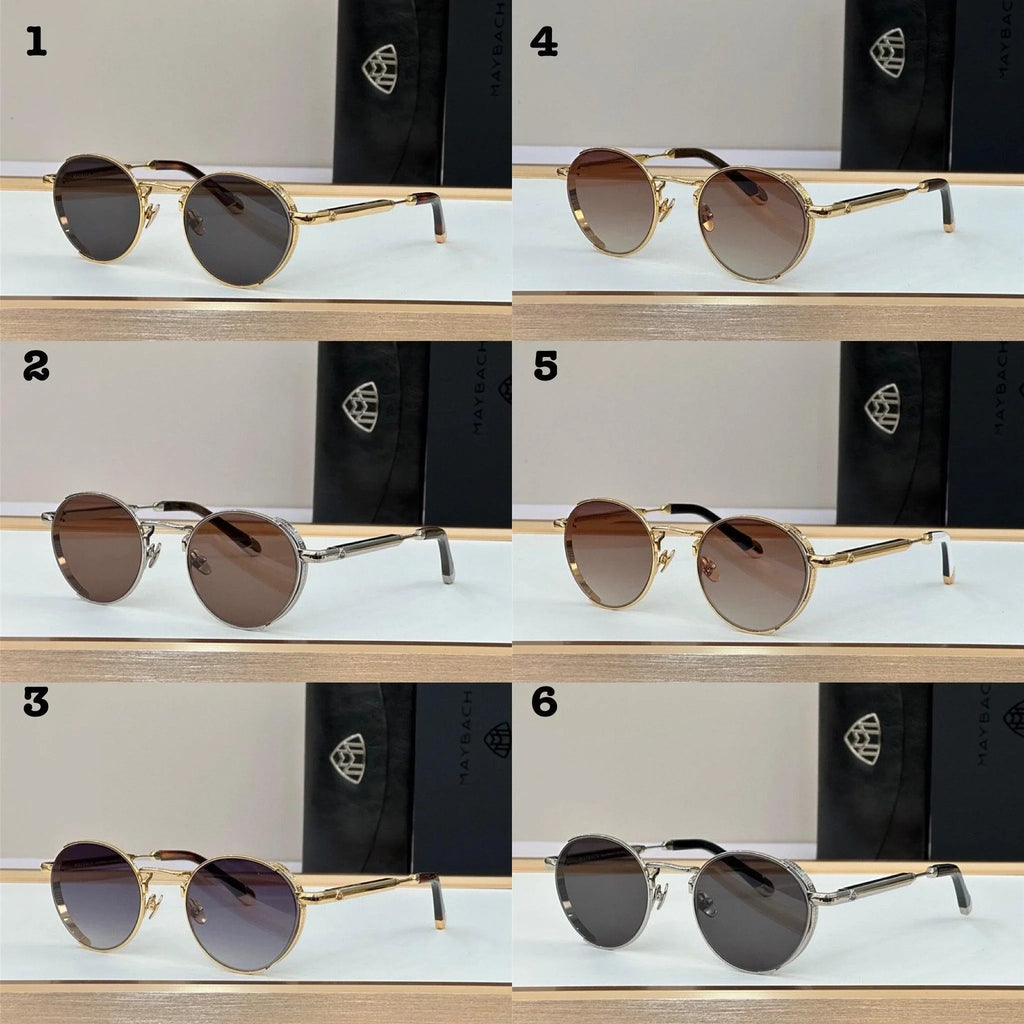 Six pairs of round sunglasses with metal frames and tinted lenses, displayed on a table.