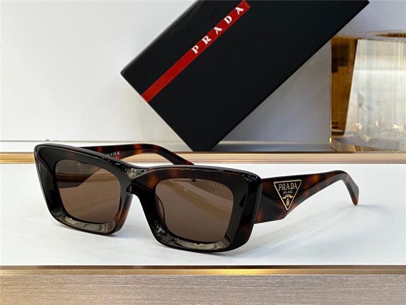 Tortoiseshell square sunglasses with brown lenses and gold logo detail on the temples