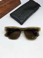 Square brown sunglasses with dark lenses, shown with black leather case on white background