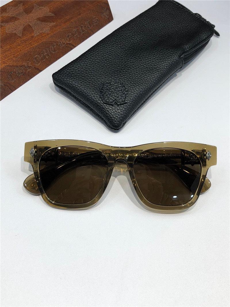 Square brown sunglasses with dark lenses, shown with black leather case on white background