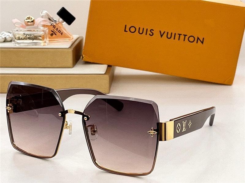 Square oversized sunglasses with gradient lenses and gold accents, displayed with designer packaging.