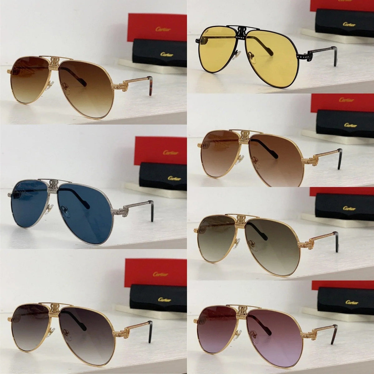 Assorted aviator sunglasses with different colored lenses and gold frames displayed on a shelf.