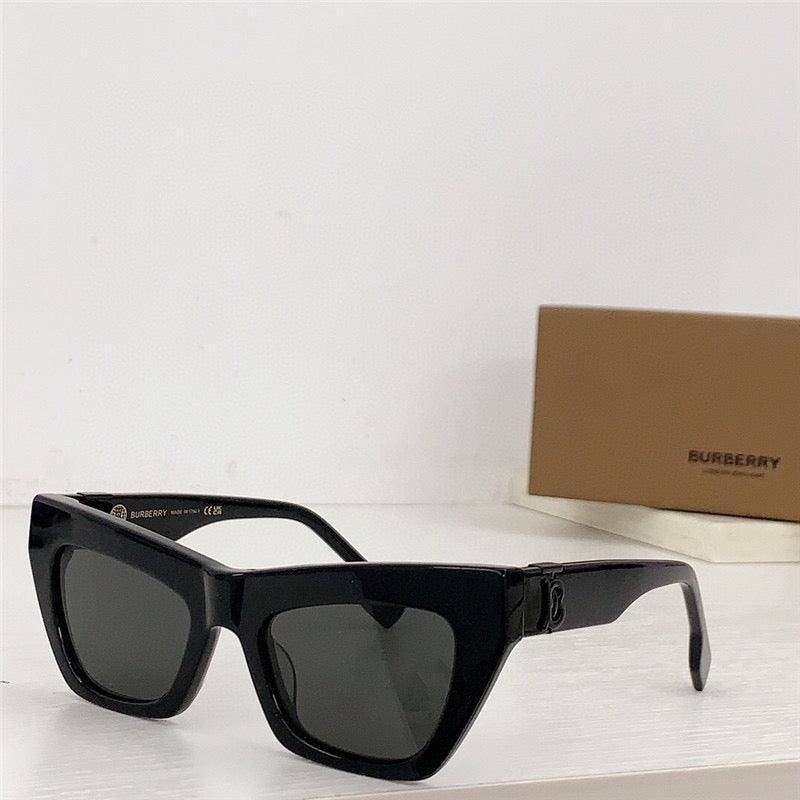 Black cat-eye sunglasses with thick frames and dark lenses on white background