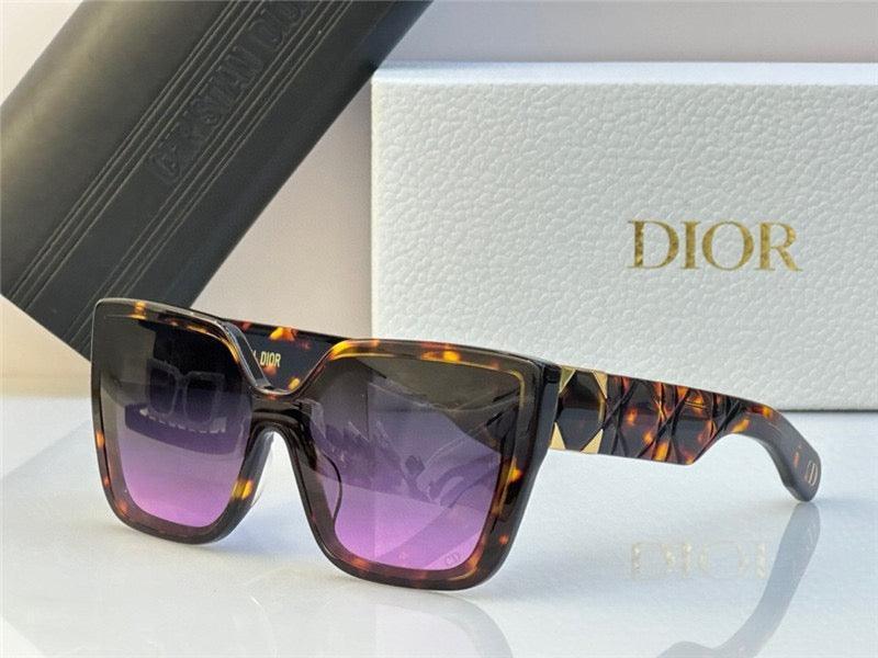 Tortoiseshell square sunglasses with purple gradient lenses and luxury Dior branding