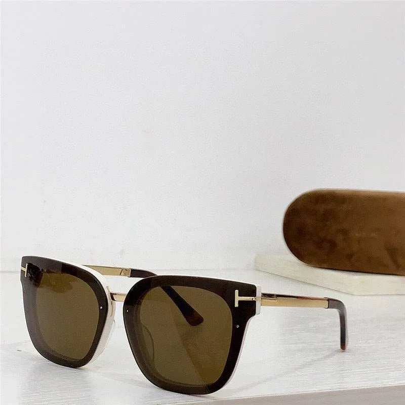 Stylish square sunglasses with brown polarized lenses and gold accents on a white surface