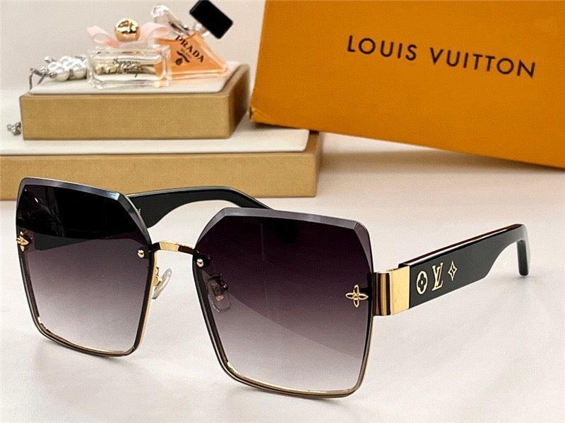 Luxury oversized square sunglasses with gradient lenses and gold accents, displayed with designer packaging.