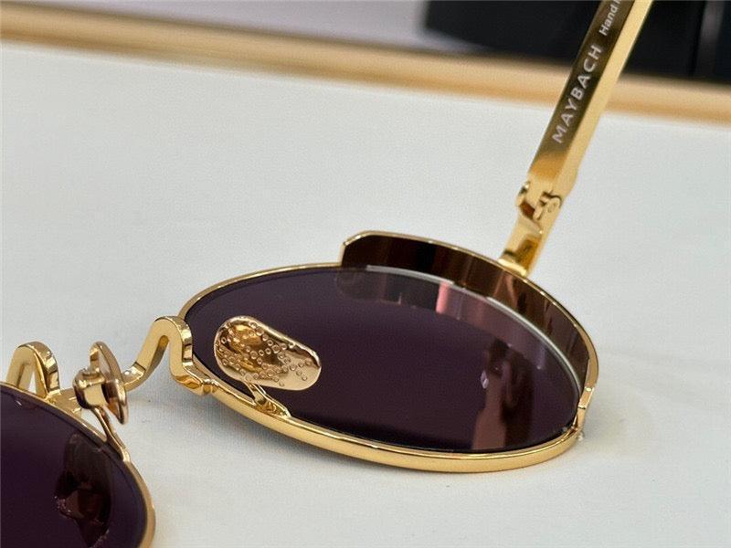 Close-up gold-frame sunglasses with purple lenses and detailed nose pad