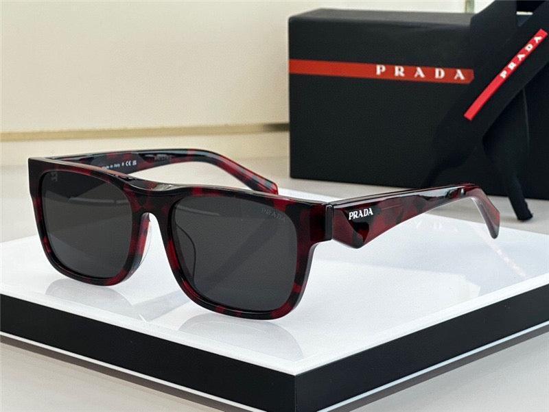 Rectangular black and red tortoiseshell sunglasses with dark lenses and Prada logo on temple
