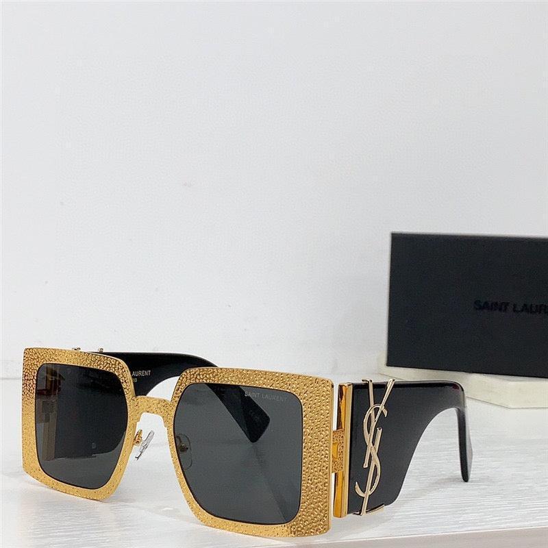 Gold square sunglasses with textured frames, black lenses, and bold side logo display