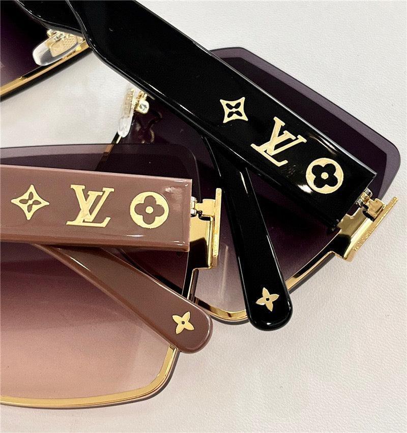 Fashion sunglasses with gold logo accents, brown and black frames, UV400 protection