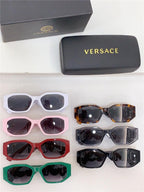 Assorted Versace rectangular sunglasses in six colors with branded case and box on white surface