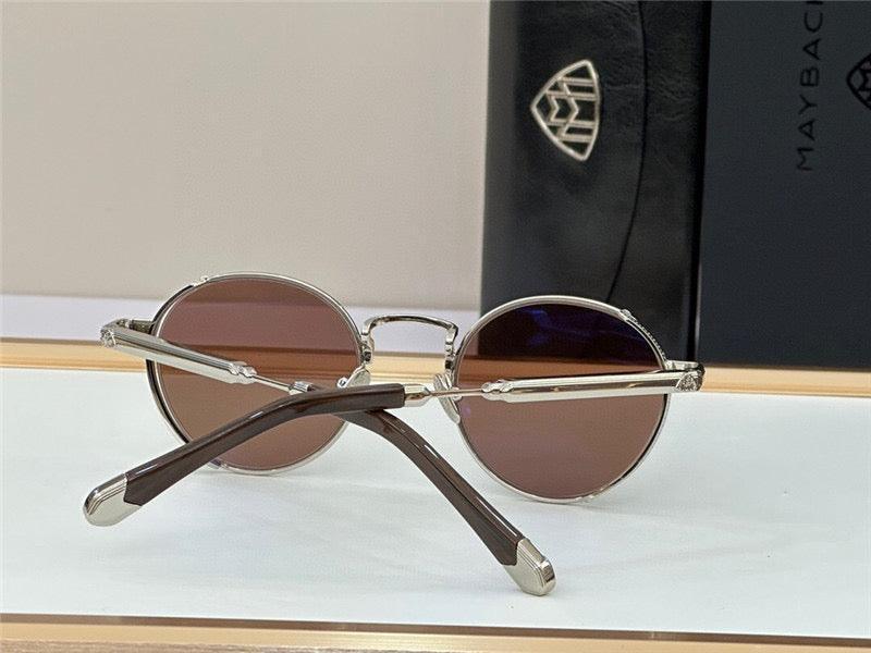 Round brown lens sunglasses with silver metal frame and dark temples on display