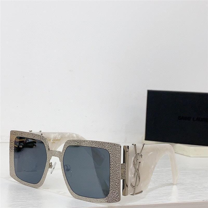 Square oversized sunglasses with crystal-studded frames, dark lenses, and pearl white arms