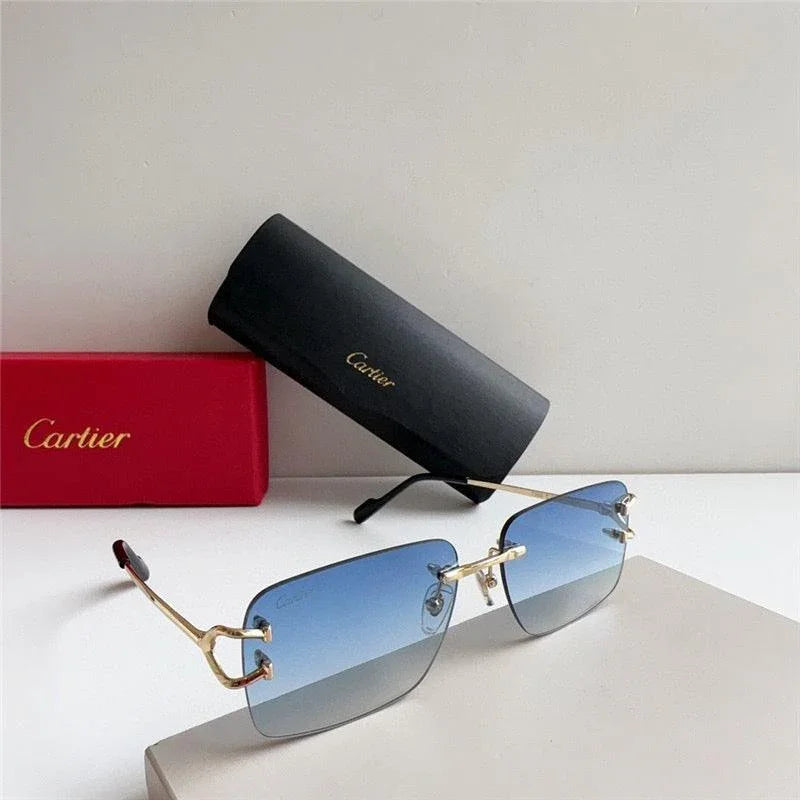 Luxury rimless blue gradient sunglasses with gold temples, stylish case in background