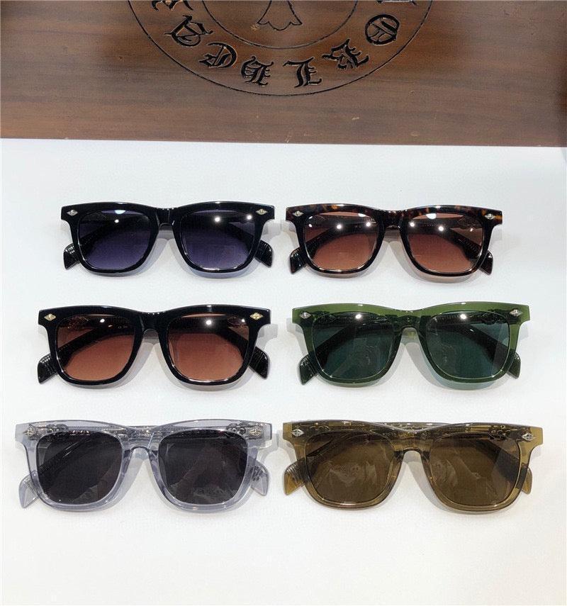 Assorted stylish sunglasses with different colored frames and polarized lenses on display.