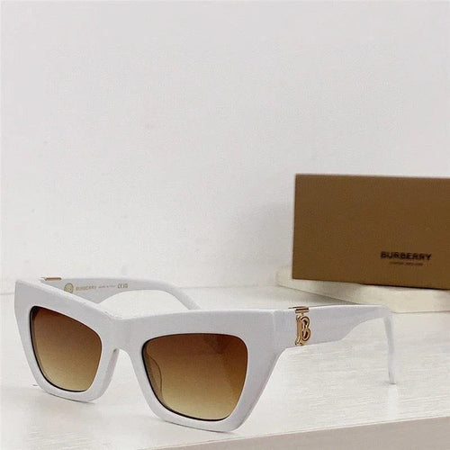White square sunglasses with gradient brown lenses and gold side logo, luxury eyewear display