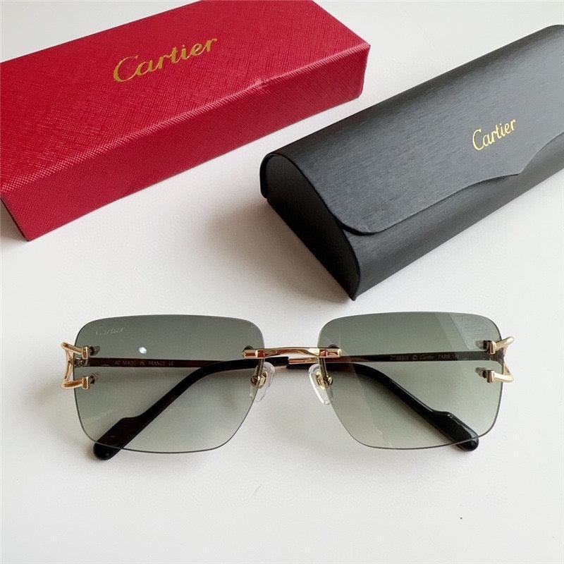 Luxury Cartier square sunglasses with gradient lenses, gold accents, and branded cases