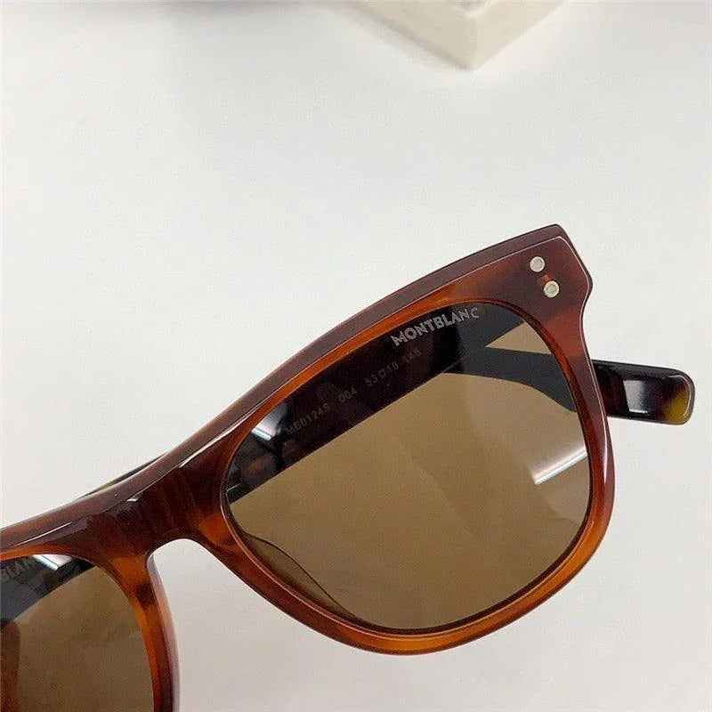 Tortoiseshell frame sunglasses with brown polarized lenses and visible Montblanc logo