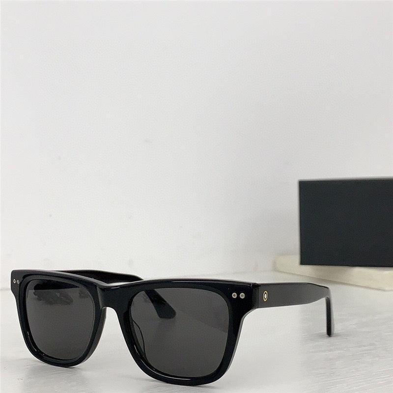 Black square frame sunglasses with dark lenses on white background, modern eyewear style