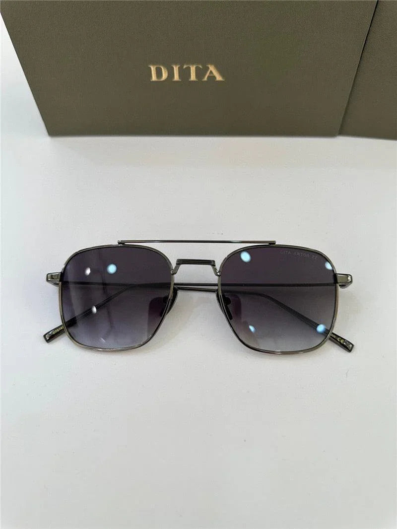 Men's square aviator sunglasses with black metal frame and dark gradient lenses