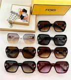 Assorted oversized Fendi sunglasses with square frames in various colors, displayed with accessories.