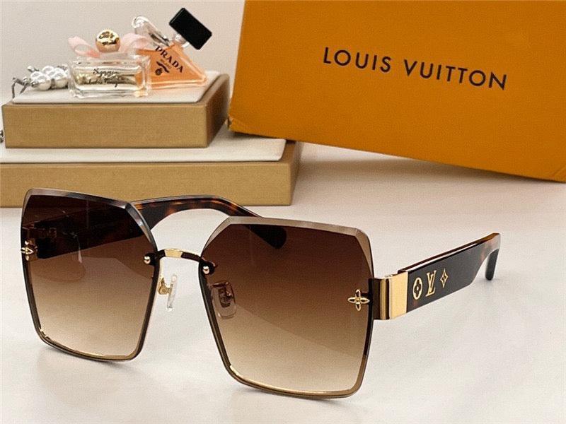 Oversized square sunglasses with gradient brown lenses and gold accents, displayed with designer packaging.