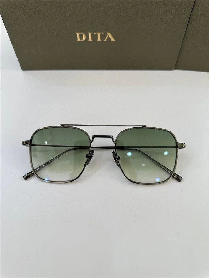 Men's square aviator sunglasses with green tinted lenses and thin metal frame