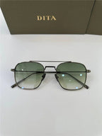 Men's square aviator sunglasses with green tinted lenses and thin metal frame