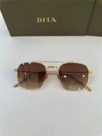 Gold frame sunglasses with brown square lenses, displayed on white surface with branded case