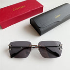 Square rimless sunglasses with dark lenses, silver accents, and branded case and box