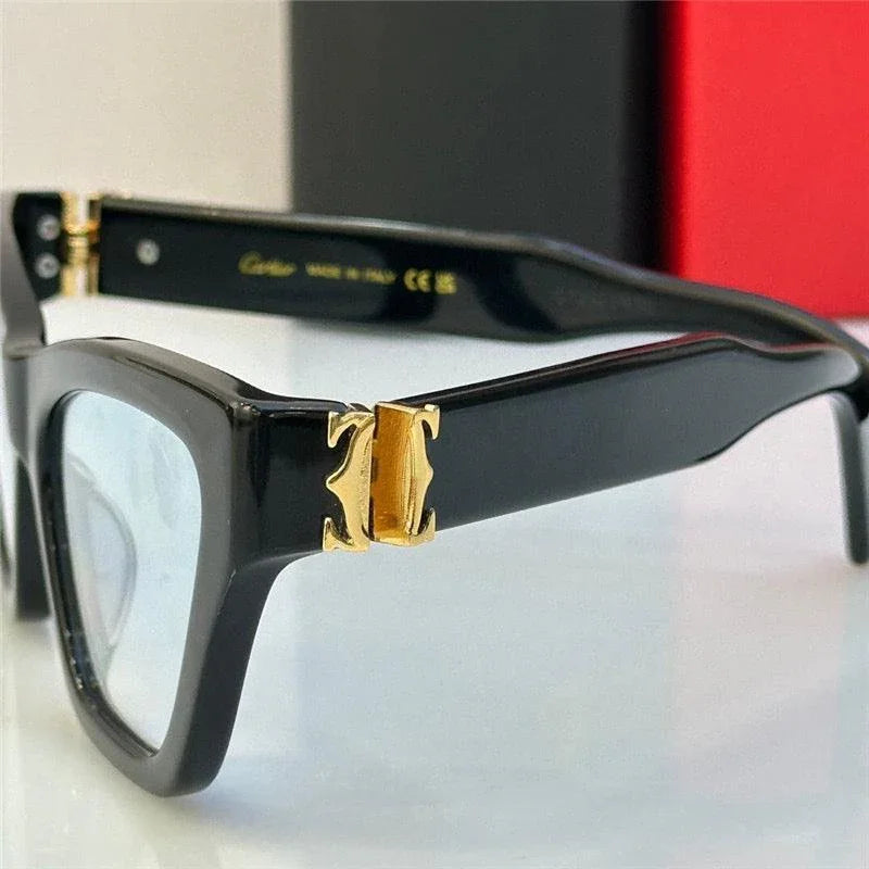 Black square frame eyeglasses with gold metal hinge detail, stylish luxury glasses