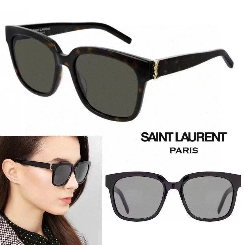 Square tortoiseshell sunglasses with dark lenses, model wearing oversized frames, Saint Laurent Paris logo.