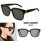 Square tortoiseshell sunglasses with dark lenses, model wearing oversized frames, Saint Laurent Paris logo.