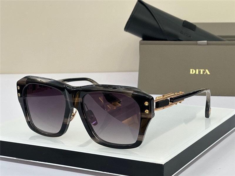 Square tortoiseshell sunglasses with gradient lenses and gold accents, displayed with a case
