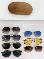 Assorted aviator sunglasses with colored lenses and case displayed on white background