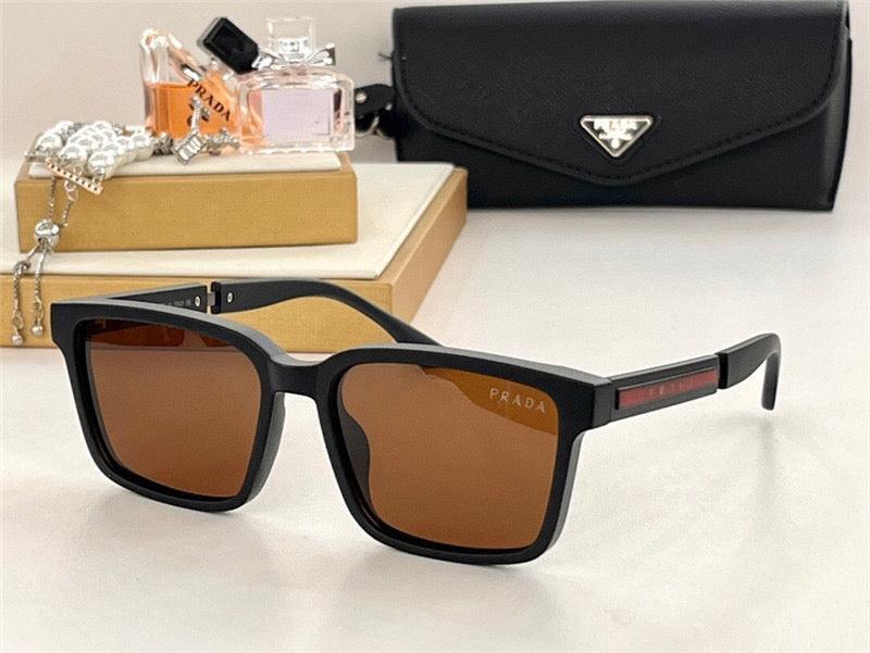 Black square sunglasses with brown lenses, luxury case, and accessories on display table
