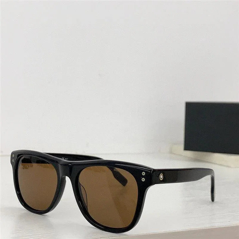 Black square sunglasses with brown polarized lenses on a white surface