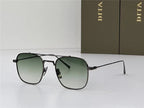 Square frame sunglasses with black metal arms and gradient green lenses on white background