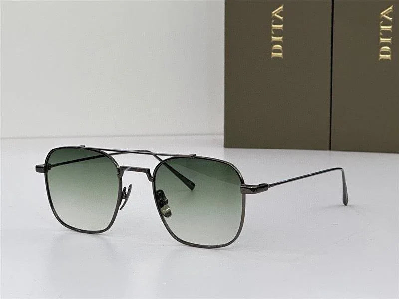 Square frame sunglasses with black metal arms and gradient green lenses on white background