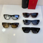 Assorted cat eye sunglasses with thick frames and tinted lenses in various colors on display.