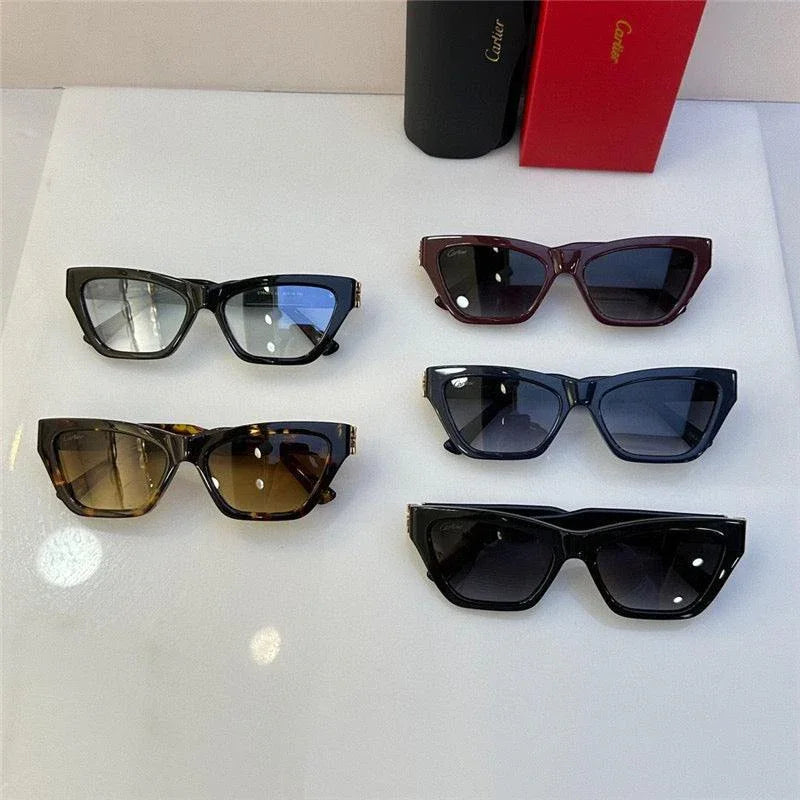 Assorted cat eye sunglasses with thick frames and tinted lenses in various colors on display.