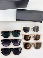 Assorted premium sunglasses with square frames in various colors, displayed with cases.