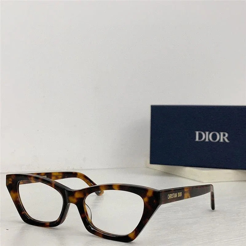 Tortoiseshell cat-eye eyeglasses with clear lenses and Christian Dior logo on the temple