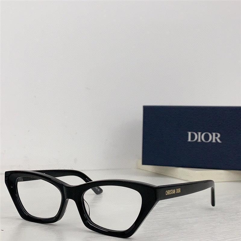 Black cat-eye Christian Dior eyeglasses with logo, displayed beside Dior case on white background.