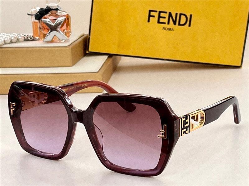 Square oversized Fendi sunglasses with purple gradient lenses and gold logo accents.